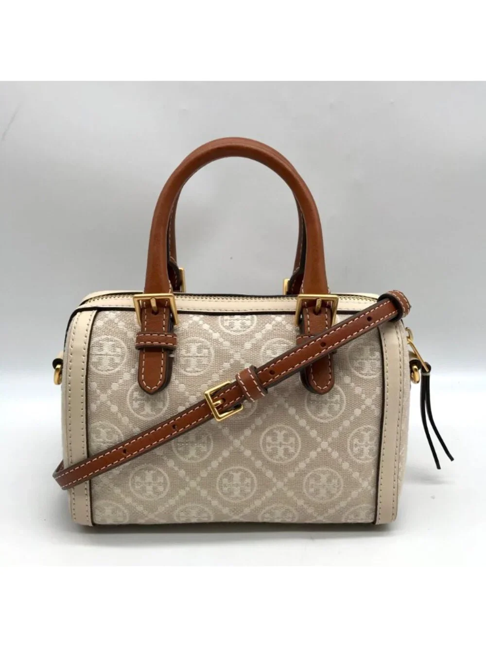 Tory Burch Beige Jacquard Monogram Logo Petite Barrel Bag